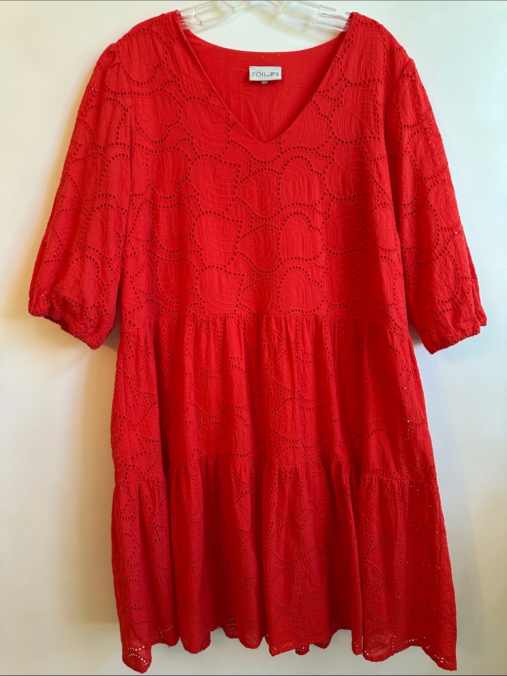 Foil Poppy Red Eyelet V-Neck Tiered Midi Dress - Picture 3 of 11